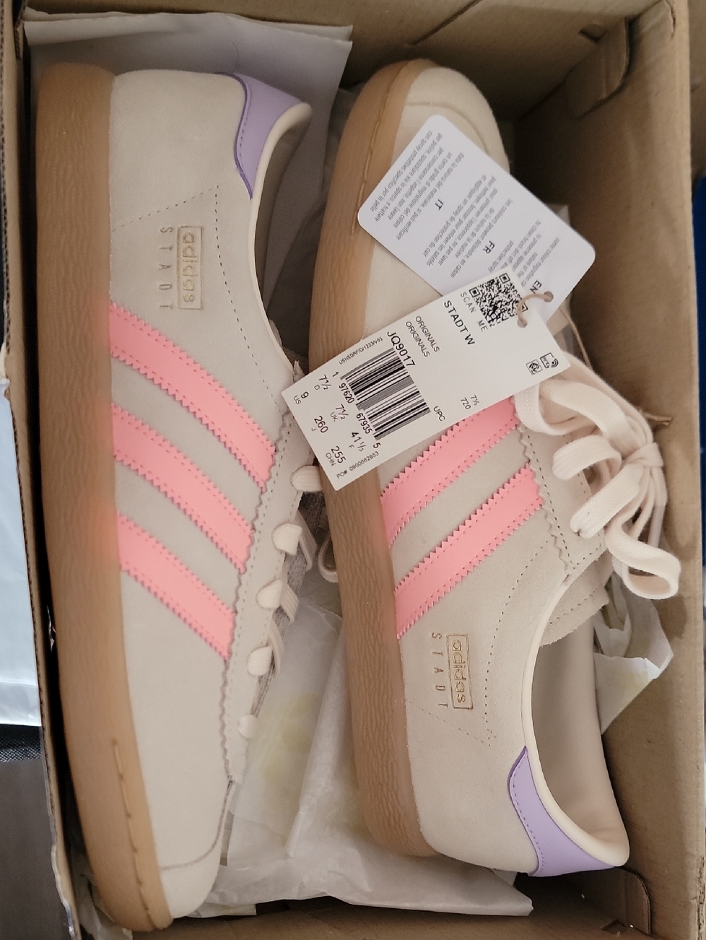 adidas Cream Suede Sneakers with Pink Stripes and Lavender Heel